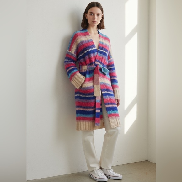 NWT Eleven Six Delfine Alpaca Multicolor Warp Long Cardigan Size S